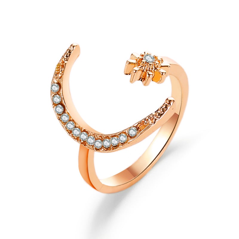 Moon & Star Rhinestone Adjustable Ring, close-up