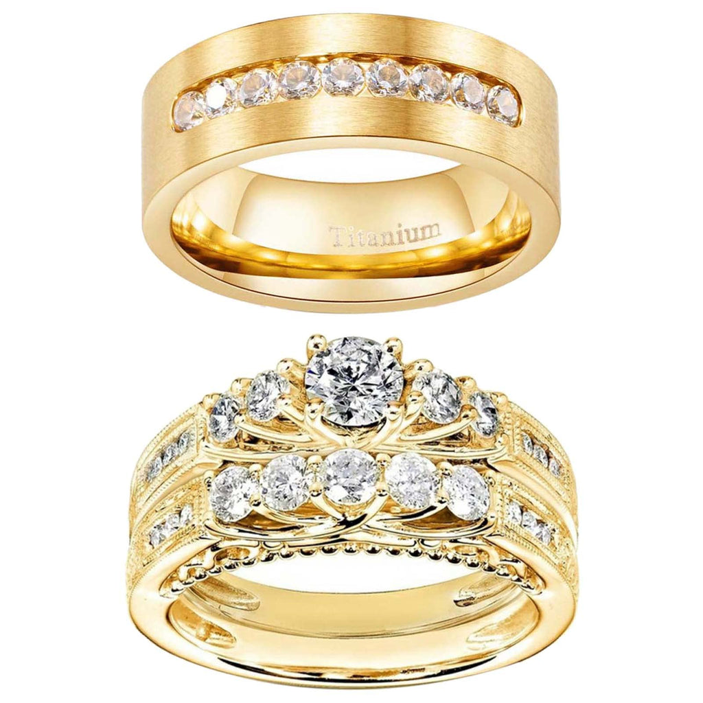 His & Hers Matching CZ Wedding Ring Set, close-up