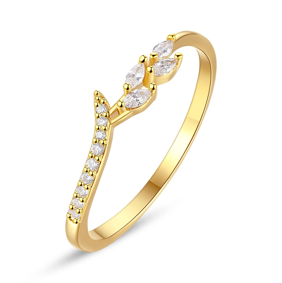 Vintage Leaf Gold Ring – CZ Eternity Band