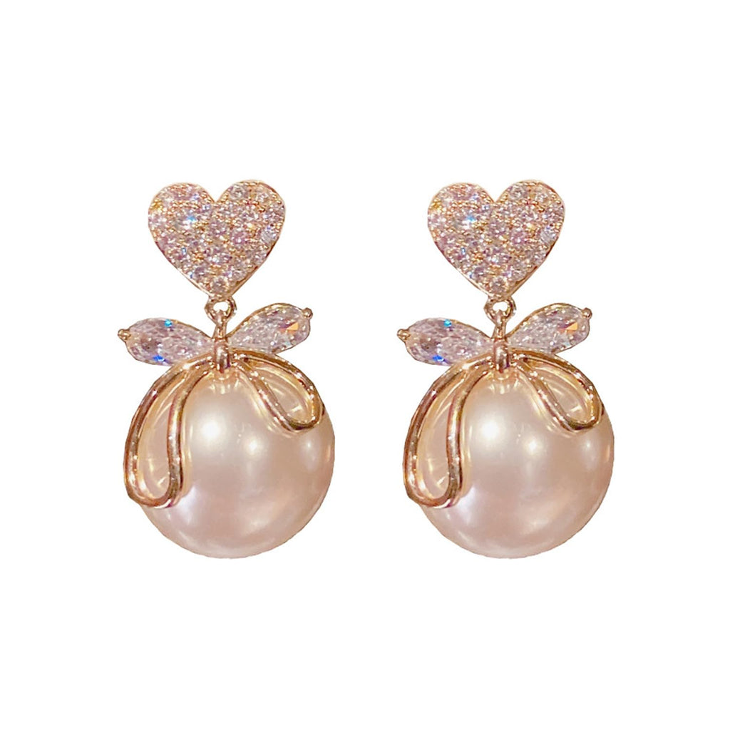 Pearl Bow Drop Earrings, close-up
