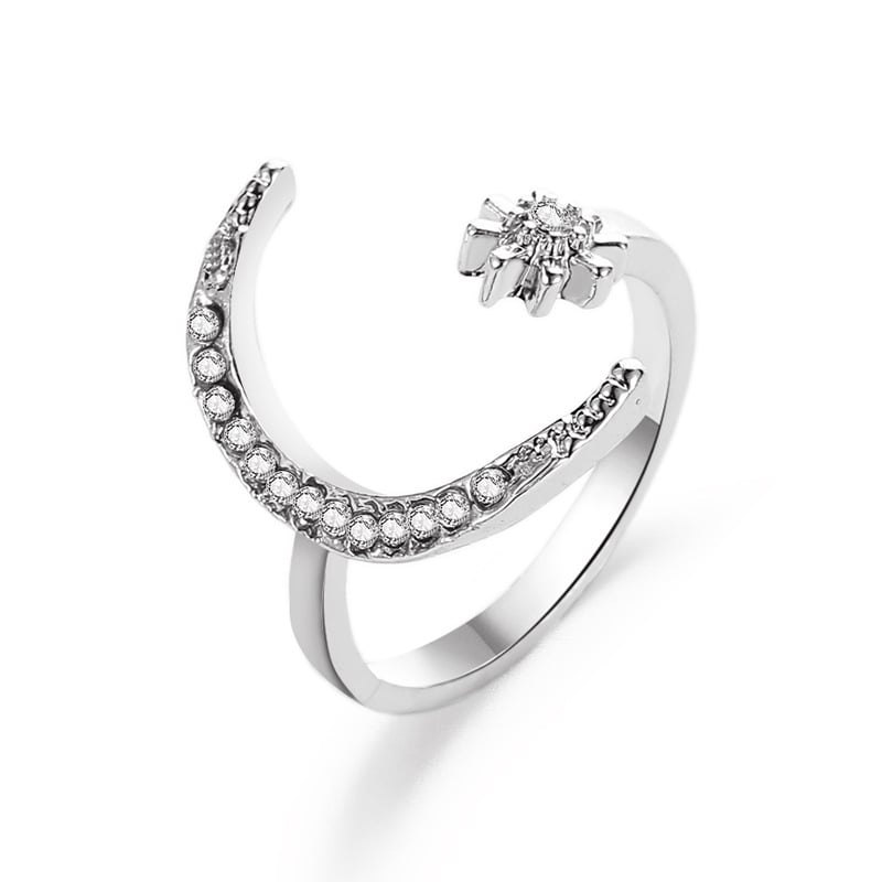 Moon & Star Rhinestone Adjustable Ring, side view